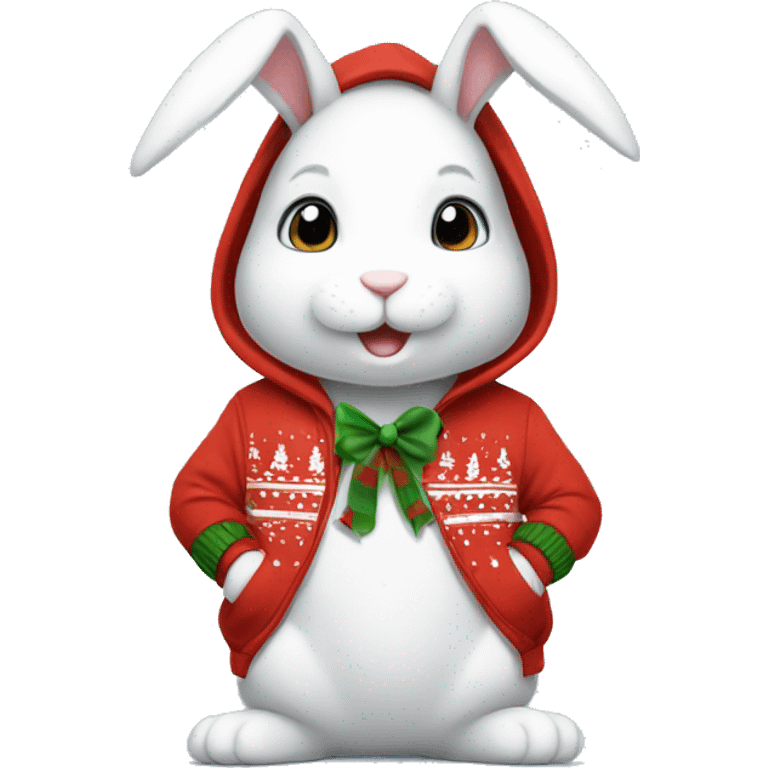 White bunny wearing a christmas hoodie emoji