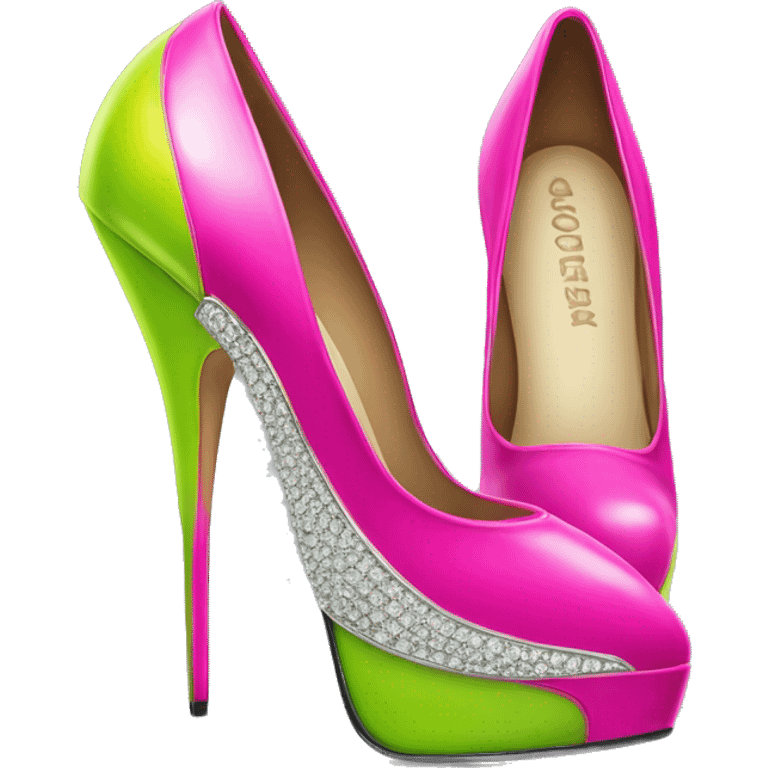 Realistic isolated top view of a pair of hot pink to lime green pointed toe high heel shoes with diamonds on them. emoji