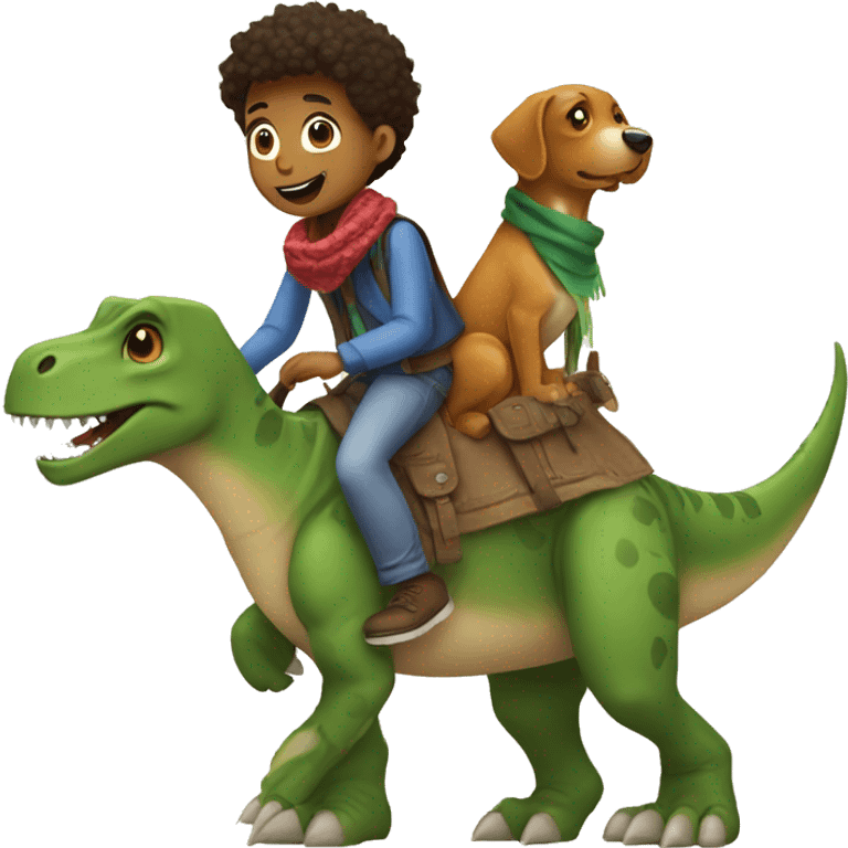 boy with a scarf and a dog riding a dinosaur emoji