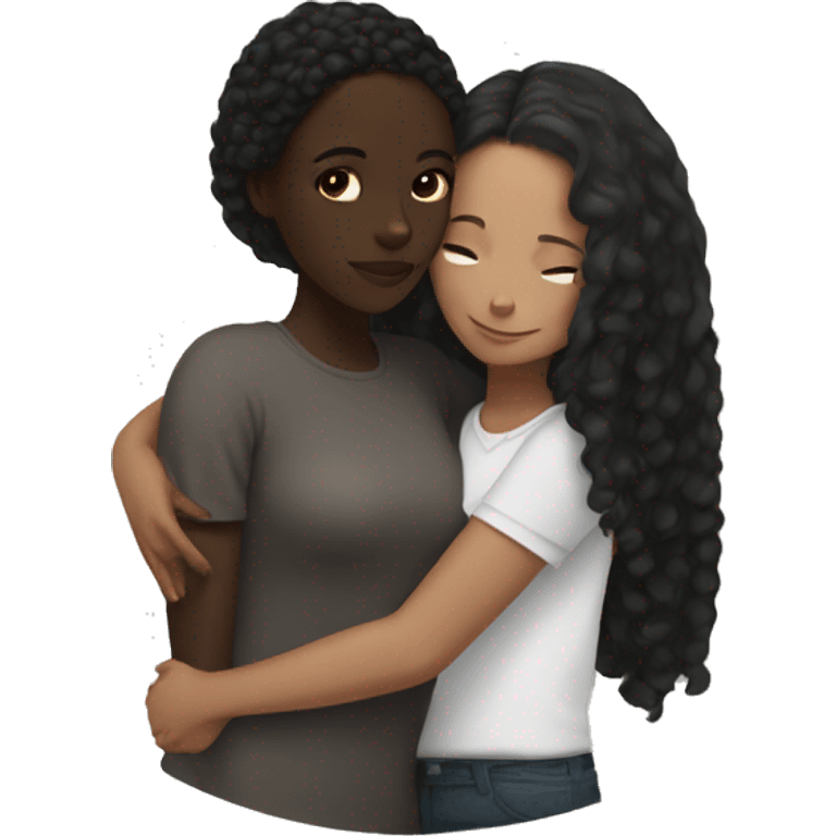 Black girl with dark brown hair hugging a white girl with black hair  emoji