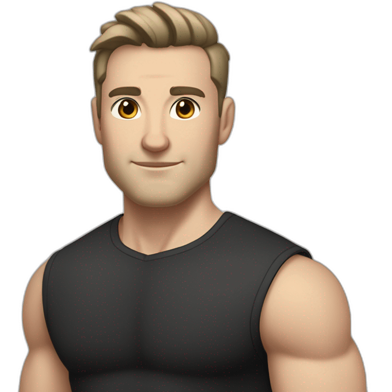 Pale skinned Fit Man With the biceps and dark brown hair in black shirt, gray sports shorts and white Sneakers Scales of the back of the head emoji