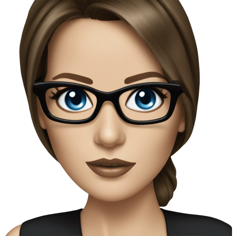 Hyper Realistic photo Kate Beckinsale blue eyes wearing glasses in a business meeting black dress emoji