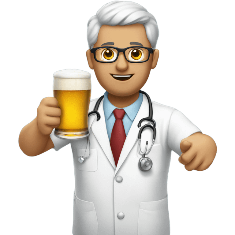 A guy dressed as a chiropractor in a surgical uniform consuming a beer emoji