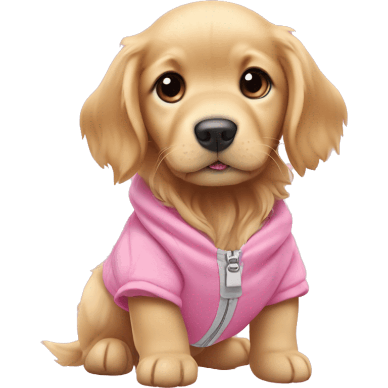 Golden retriever small  puppy wearing Coquette pink-ish dog clothing emoji