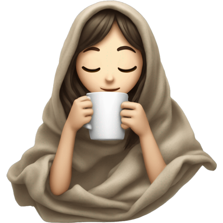 White brunette girl with bangs inside a blanket sipping coffee eyes closed emoji