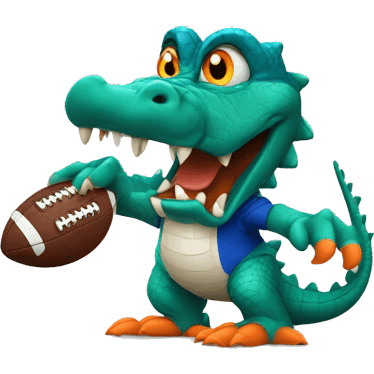 angry alligator with a football, wearing blue and orang emoji