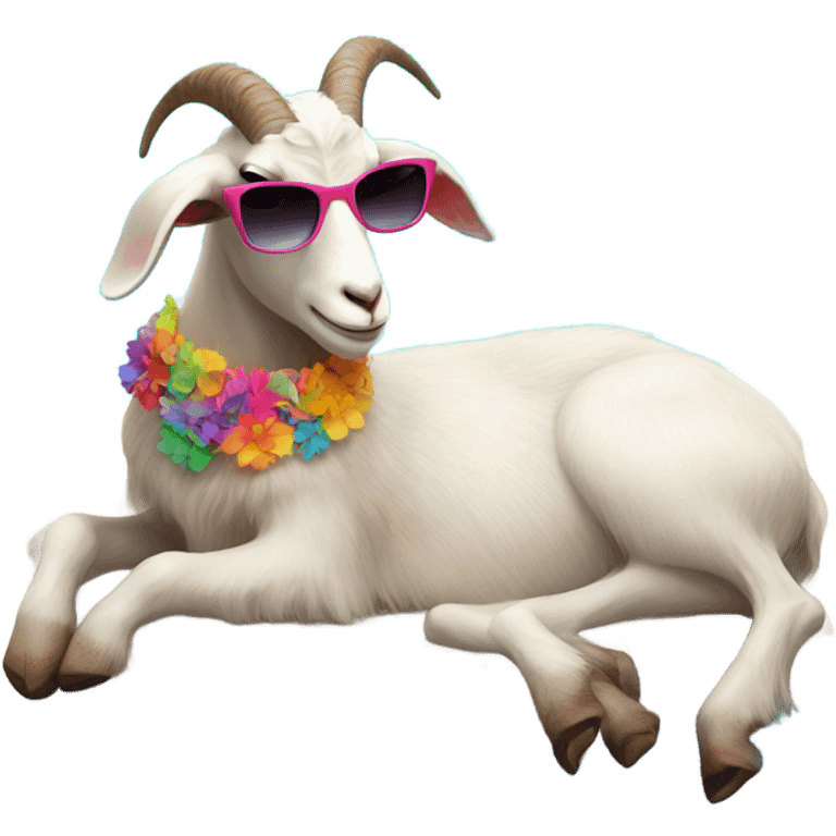 Goat laying by a pool wearing sunglasses and a skirt emoji