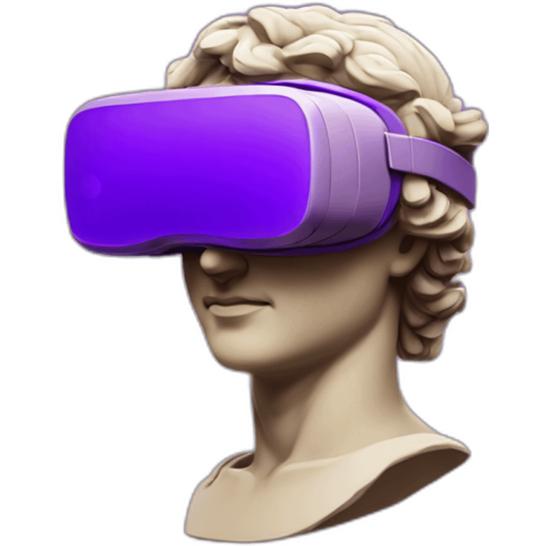 an EMOJI OF A ancient young greek statue, wearing VR headset, purple colors, DIGITAL UNIVERSE emoji