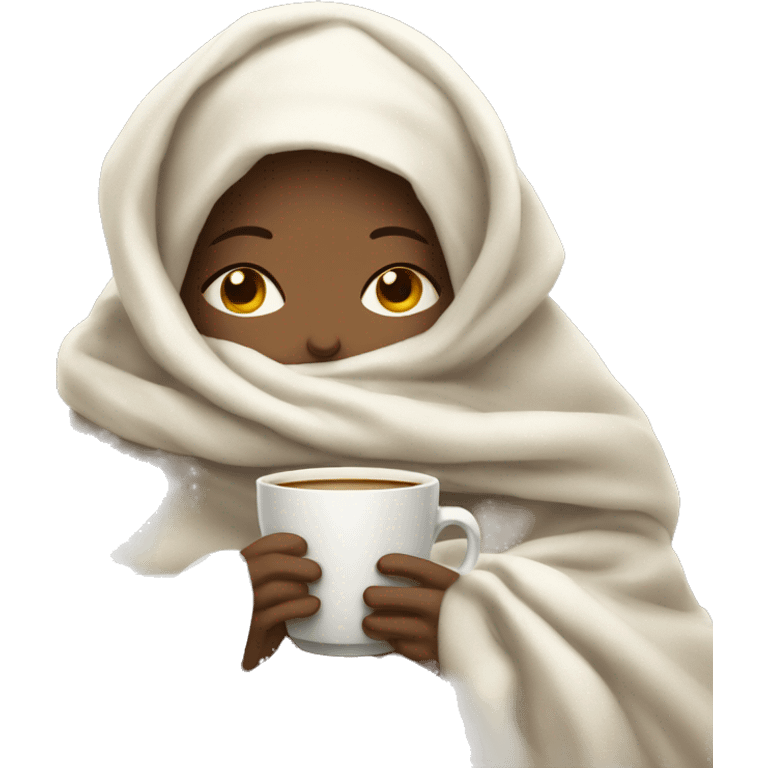 girl white inside a blanket sipping coffee eyes closed emoji