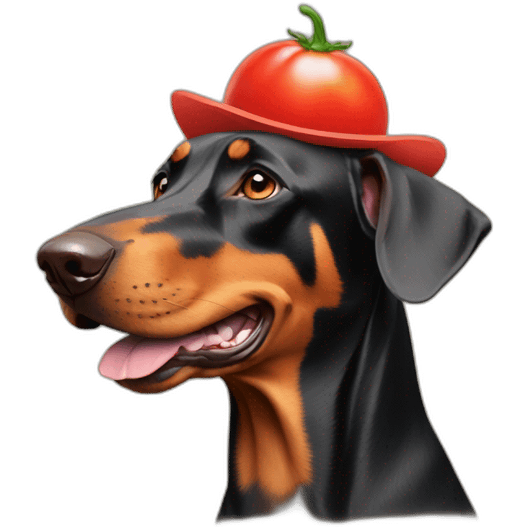 smiling doberman with tomato hat emoji