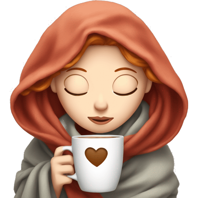 white girl with red hair inside a blanket sipping coffee eyes closed emoji