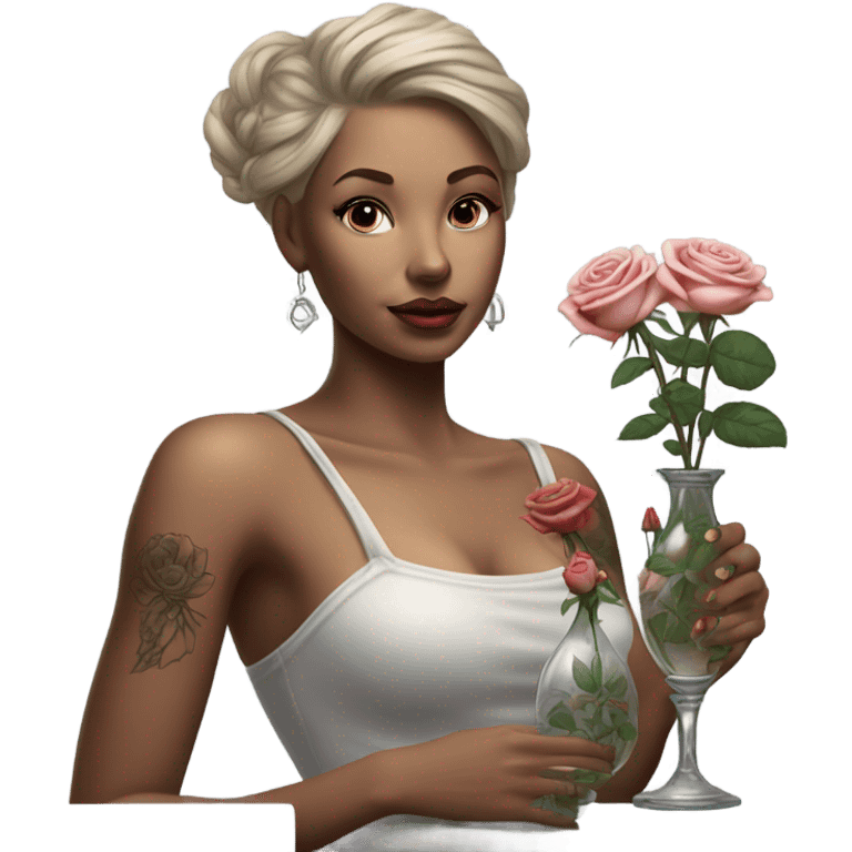 Hyper Realistic beautiful woman model with a small rose tattoo arranging flowers in a vase emoji