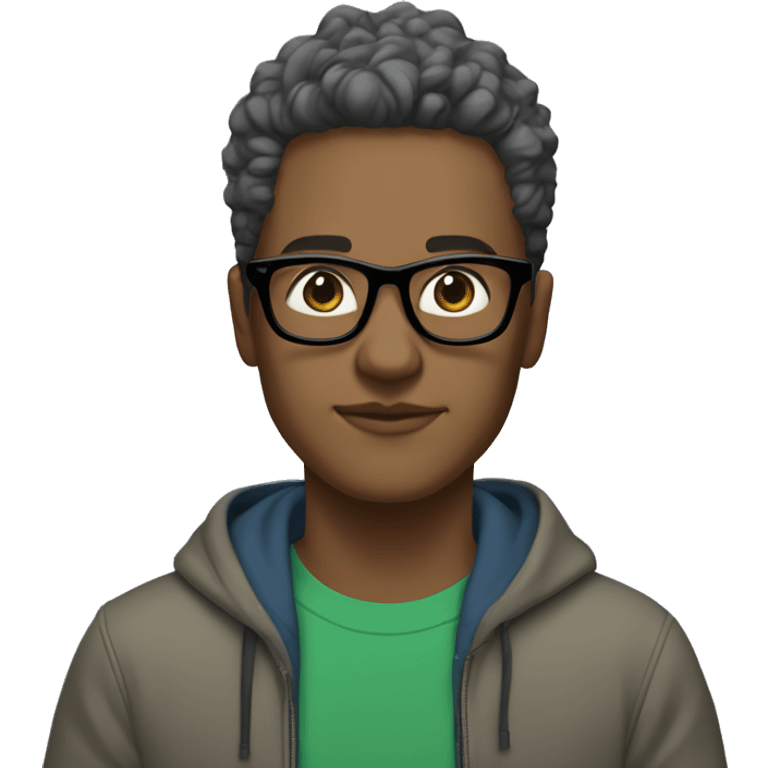 Light Brown skin, black socks, grey pants, green hoodie, blue glasses, Mersey hair emoji