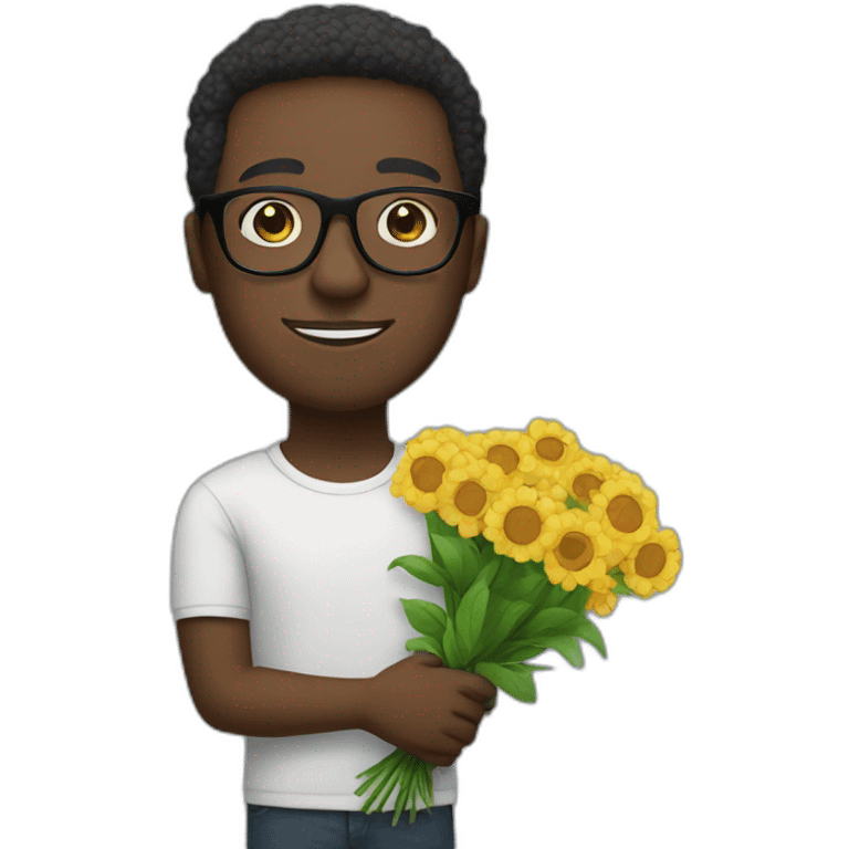 Black man wearing glasses holding flowers emoji