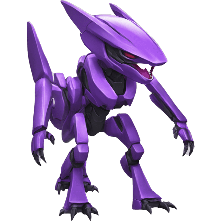 a purple Genesect-Raptor-Fakémon—hybrid with a futuristic visor-helmet full body emoji