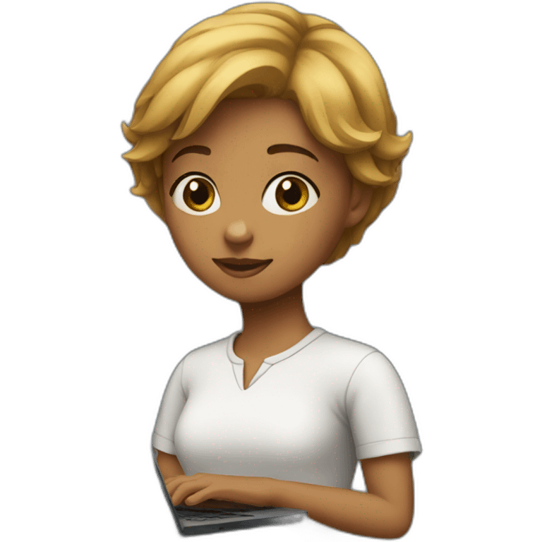 A girl with short hair and a black color carrying a laptop. emoji