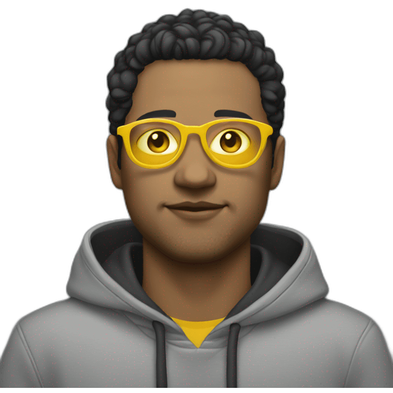 White man with yellow tinted glasses and black hair in a gray hoodie emoji