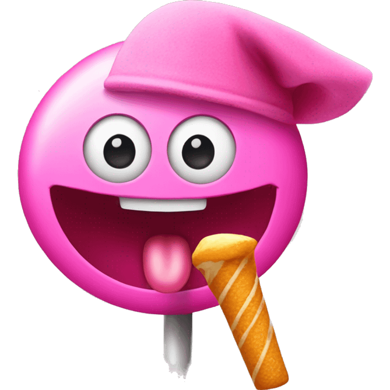 A silly face with a pink hat eating a lollipop  emoji