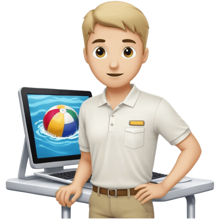 Pool attendant supervisor. white polo shirt. khaki shorts. on the computer emoji