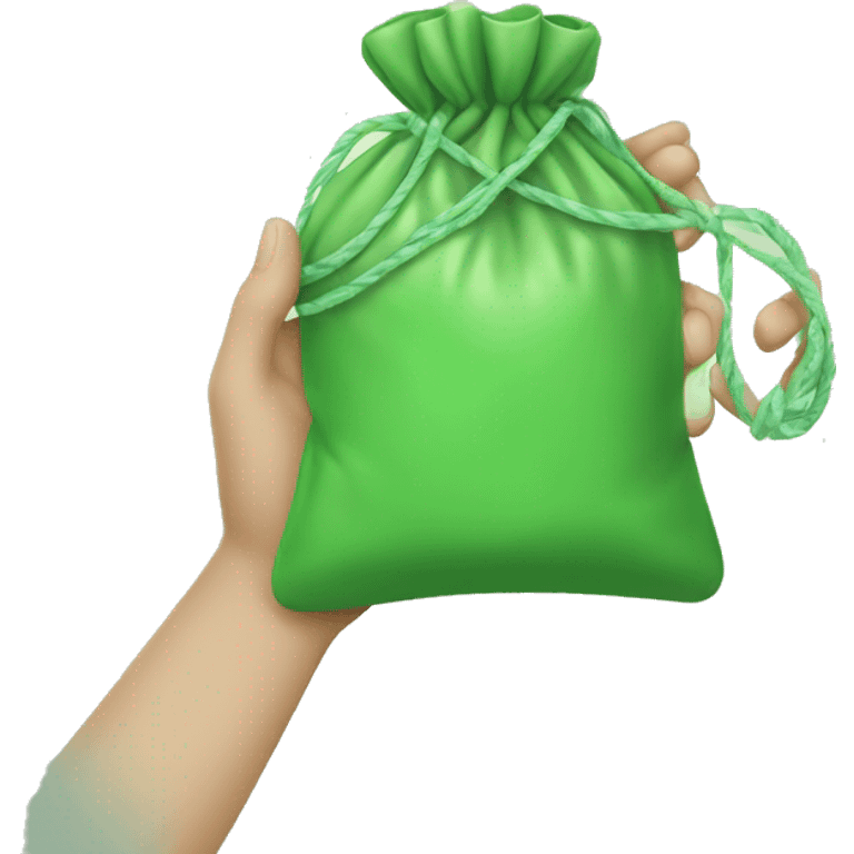 hand holding a green pouch tied with light green string emoji