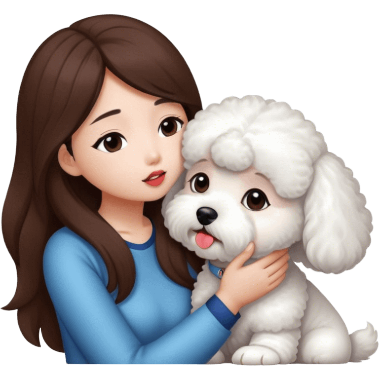 Asian girl with long brown hair kissing one white bichon emoji