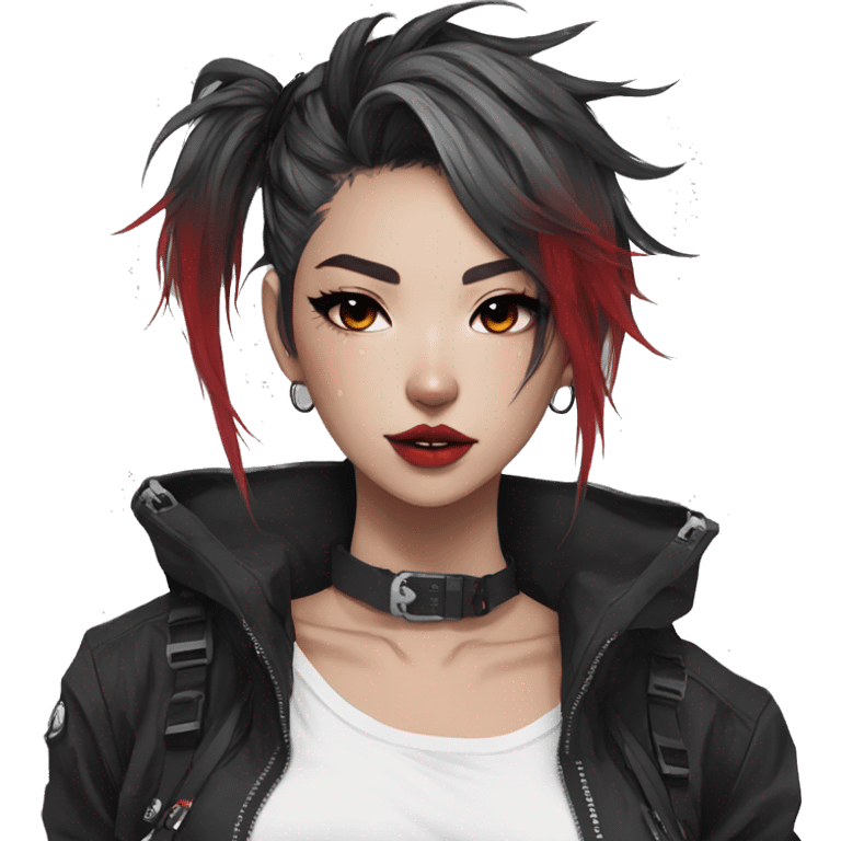 Gorgeous techwear anime style lady with blushing face aesthetic and pretty edgy black red white punk messy hair with collar and harness trending style emoji