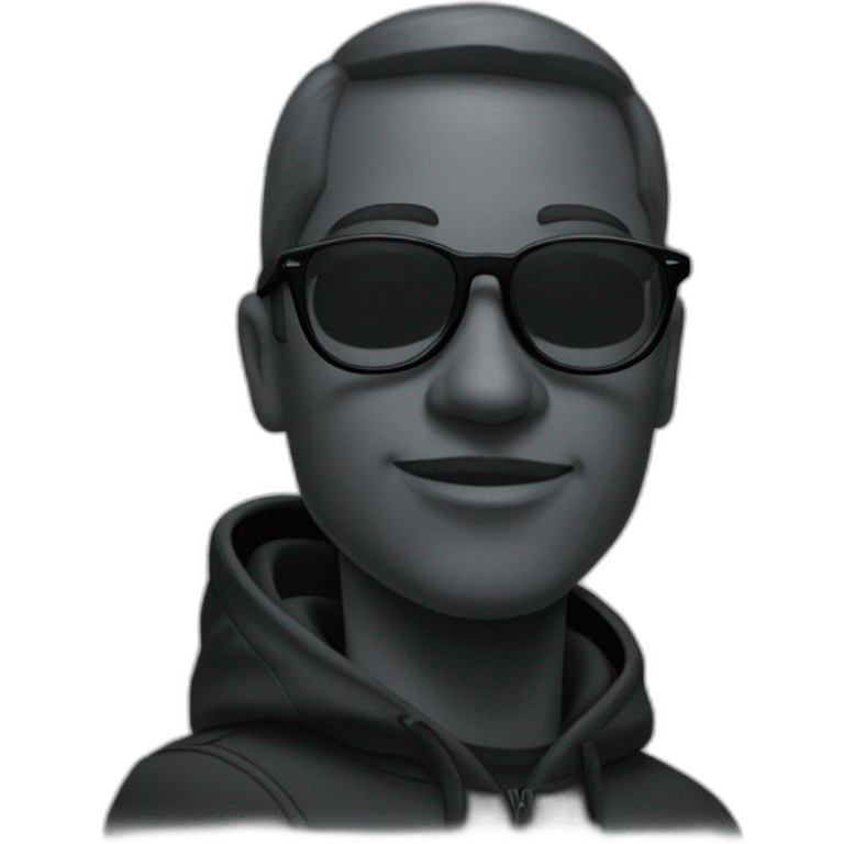 Un gros personnage noir avec des lunettes noir et un ouftit noir nike emoji