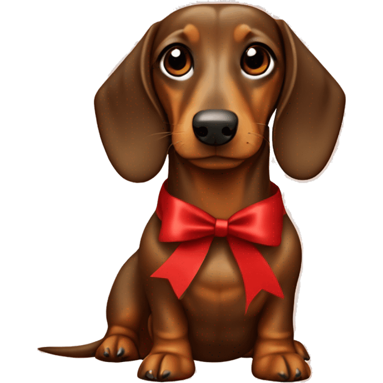 Brown Dachshund wrapped in holiday paper with red bow on head emoji