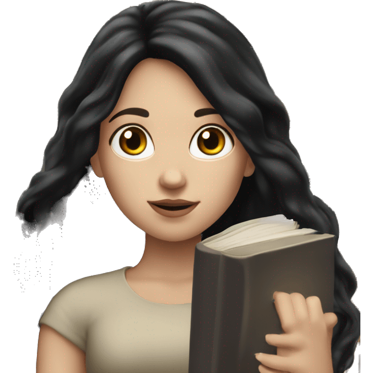 white girl with long black hair with book on hand emoji