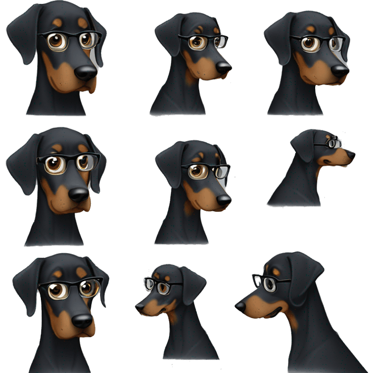 a pack of stickers with oaz emotions with a black Doberman, he is wearing a gray sweatshirt and glasses with black frames emoji