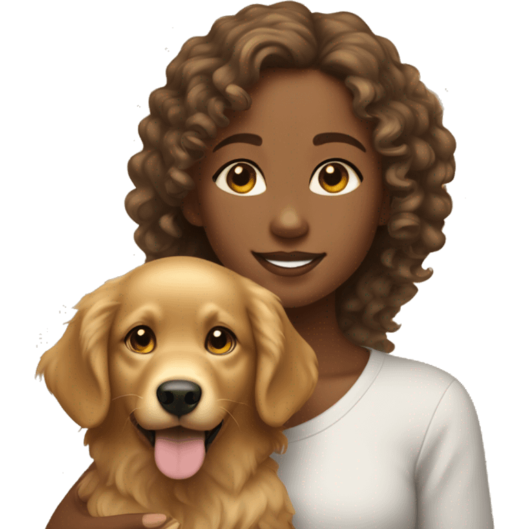 Tan skinned girl with  curly hair with a golden retriever puppy emoji