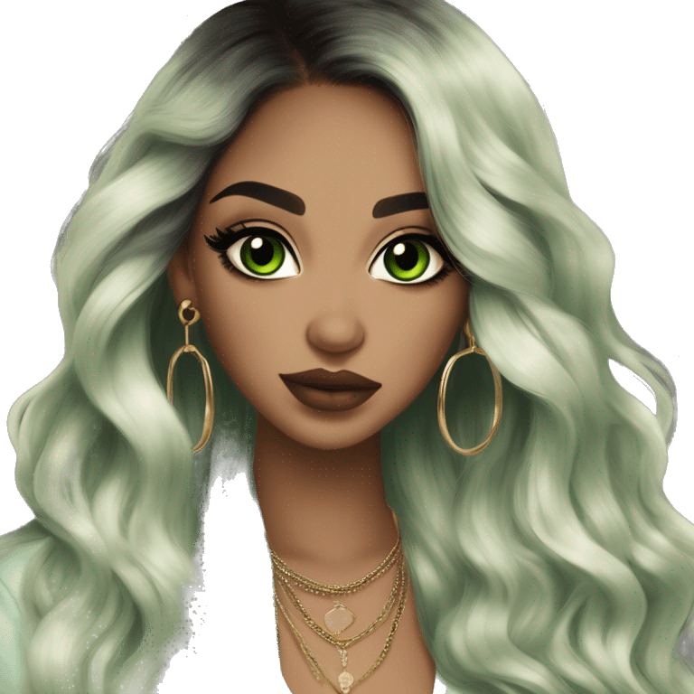 Glamorous, streetwear, black balayage hair, long wavy hair, olive skin, green almond eyes, winged eyeliner with big lashes, wearing hooped earrings, rings and bracelets, almond fake nails emoji