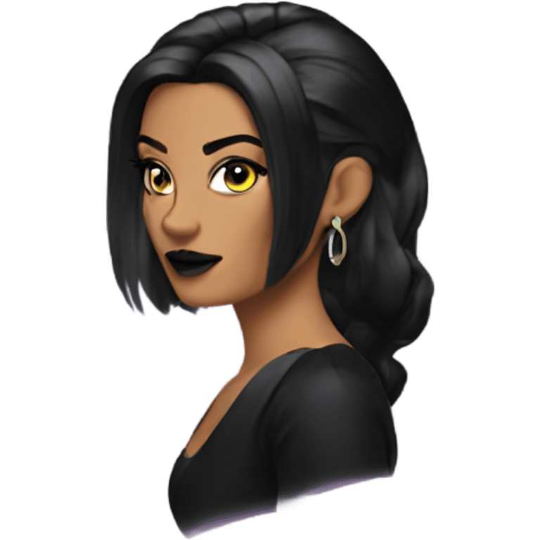 Tanned woman with black hair dressed in 1990s goth hair, makeup, and neon attire  emoji