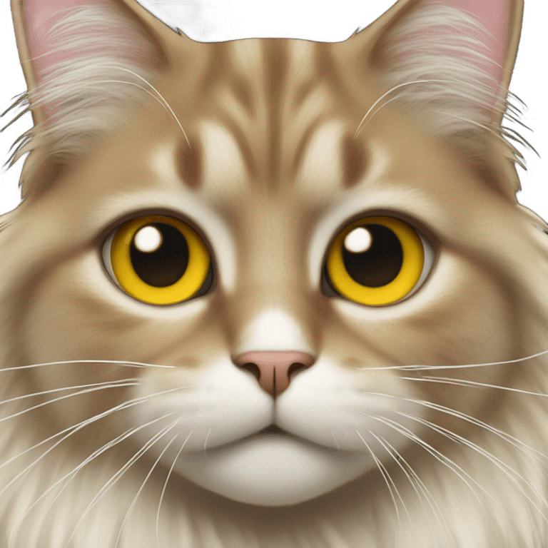 Long haired cat white and brown fur and almond-shaped yellow up eyes emoji