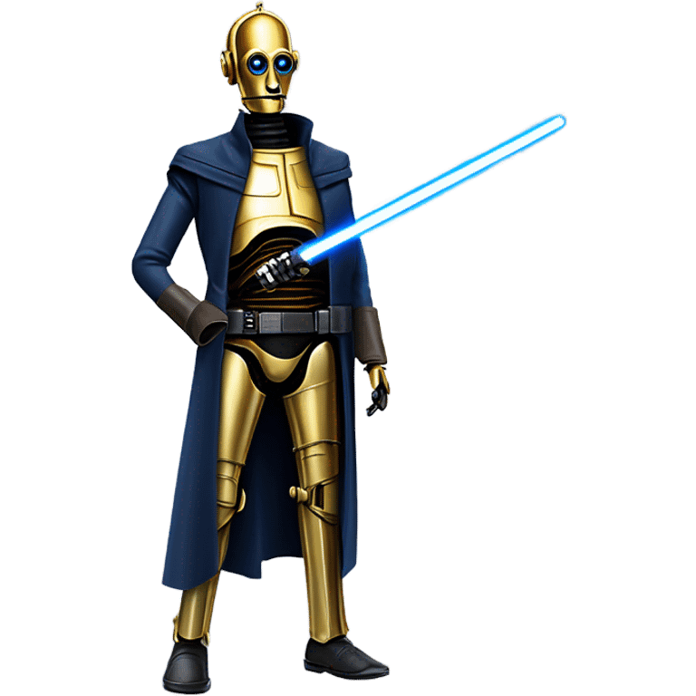 well-equipped jedi first order human-sized darkblue-pearl C3po as a friendly bounty hunter droid wearing a leather wild west duster coat holding light saber ready to fight but relaxed. antiqued emoji