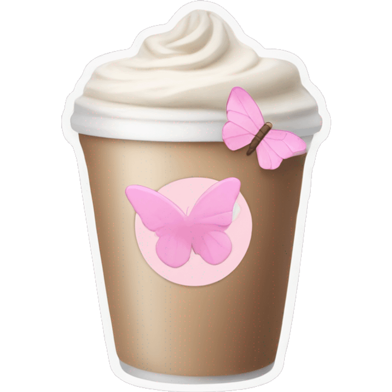 Latte coffee with the pastel pink glass and a pink butterfly sticker emoji