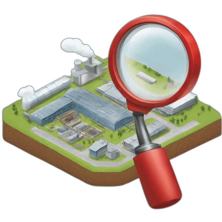 red magnifying glass looking at a factory emoji