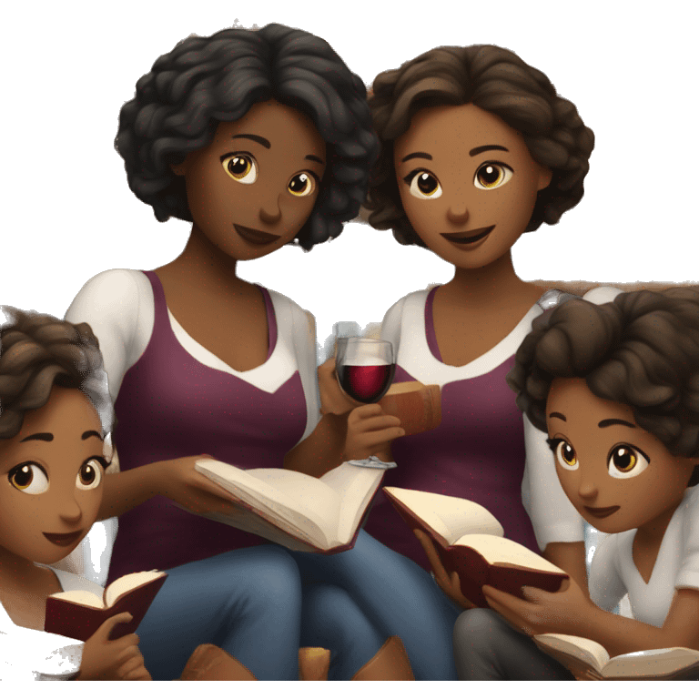 group of girls with wine reading books emoji