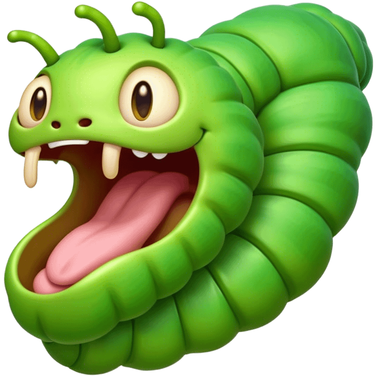 Cinematic Realistic Cute Yawning Caterpillar Portrait Emoji, Head tilted slightly with a dramatic, wide-open yawn, showcasing a soft, downy segmented body in vivid green with subtle drooping and half-closed, drowsy eyes, rendered with intricate natural texture and gentle shadows, high shine, relaxed yet expressive, styled with a dash of woodland charm, soft glowing outline, capturing the essence of a sleepy yet affectionate caterpillar that appears ready to stretch out and rest among the leaves! emoji