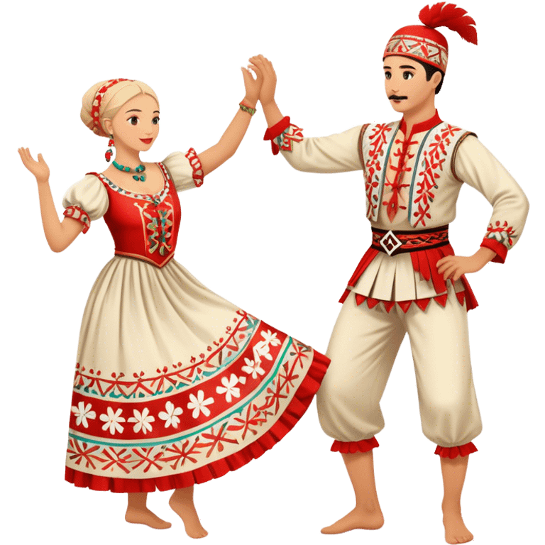 Cinematic Realistic scene of two performers engaging in the Croatian Linđo folk dance, adorned in vibrant traditional costumes with intricate patterns and accessories, captured in graceful, synchronized motion under festive natural lighting. emoji