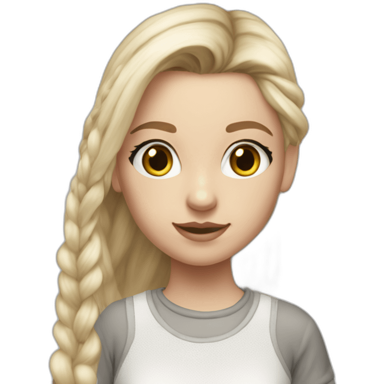 hyperrealist caucasian girl, long straight blonde hair, white sheer laced top, grey micro skirt, grey and white sneakers emoji