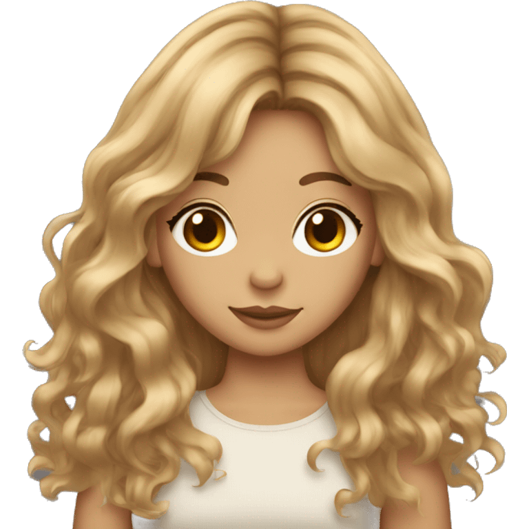 Beautiful, natural-skinned girl with long brown wavy hair, and curtain bangs. emoji