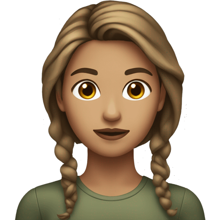 A young woman with light brown hair and dark highlights with olive skin emoji