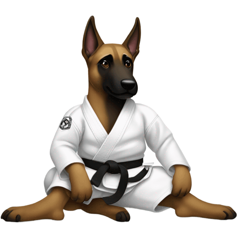 Belgian malinois wearing white jiujitsu gi with a black belt emoji