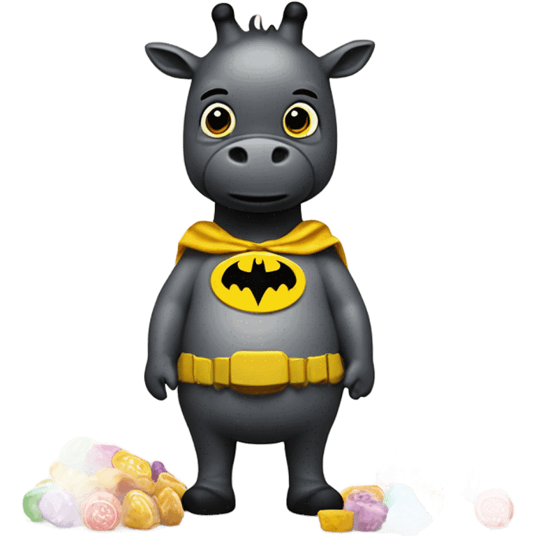 An out of shape and fat rainbow Batman that is a giraffe is hiding assorted candy  emoji