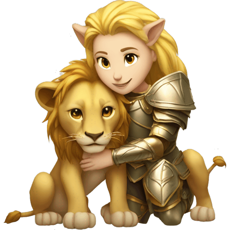 A lion leonin with golden armor hugging a female blonde elf  emoji