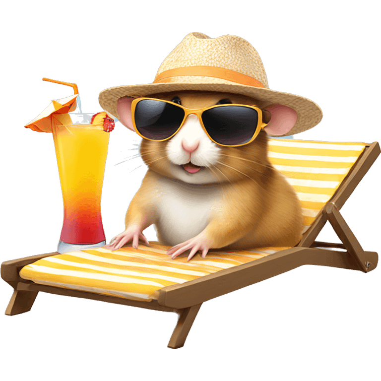 hamster with a sunhat and sunglasses drinking a coctail while laying in a sunbed emoji