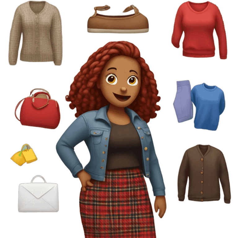 Very curvy woman is brown with red locs in a skirt with plaid sweater shopping at yard sale emoji