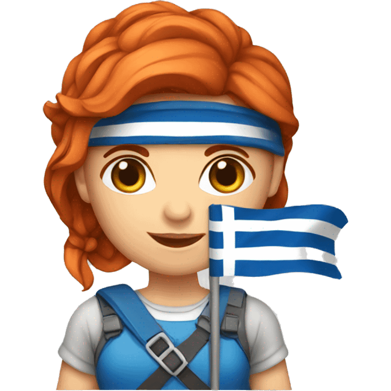 a red hair female mountaineer with greek flag emoji