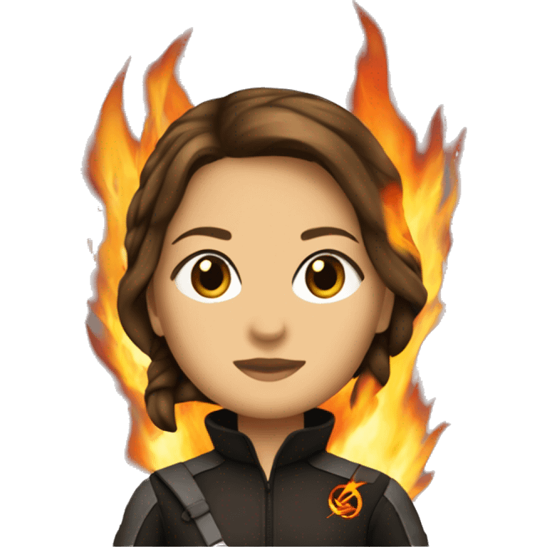 Katniss Everdeen behind fire with the mockingjay suit emoji